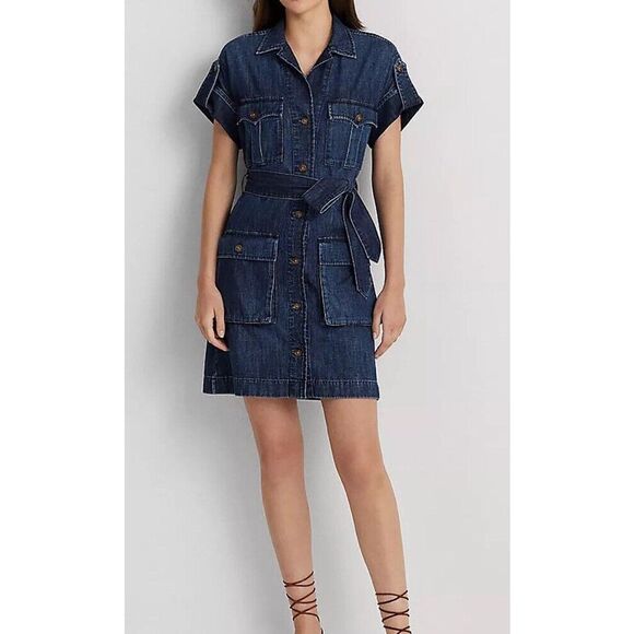 Lauren Ralph Lauren Sz 6P Belted Denim Shirt Dress Atlas Wash Short Sleeve - Picture 10 of 10